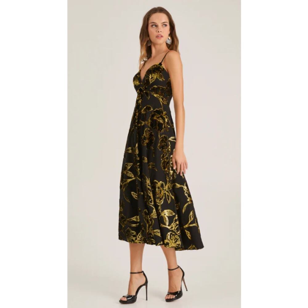 Helsi Edith Gold Black Floral Metallic Empire A-Line Maxi Dress Sz M NWT+Imperfe